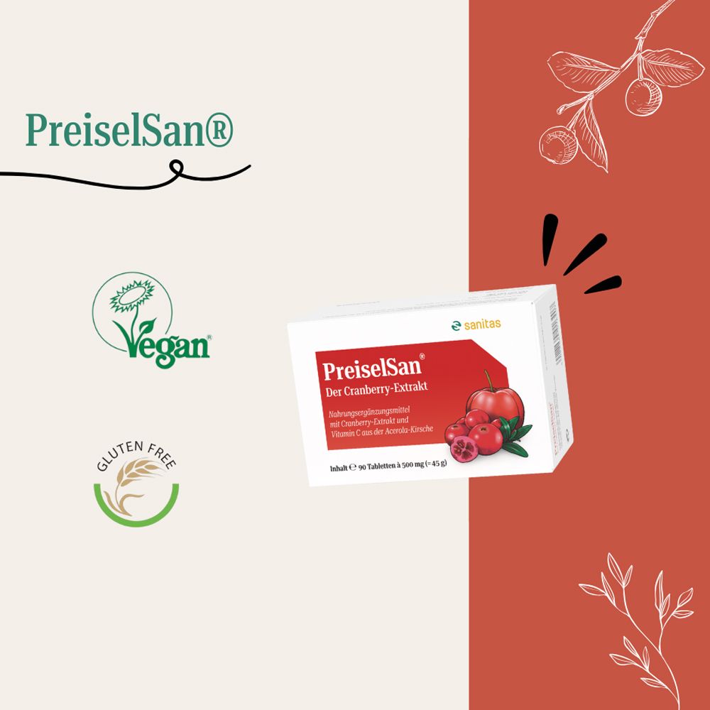 PREISELSAN® Packung mit Siegeln für Vegan und Glutenfrei. Enthält 90 Tabletten à 500 mg.