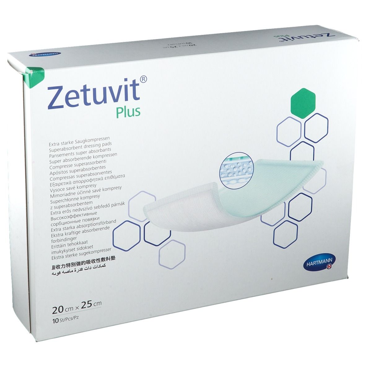 Verpackung Hartmann Zetuvit Plus Saugkompressen, 20x25cm, 10 Stück.