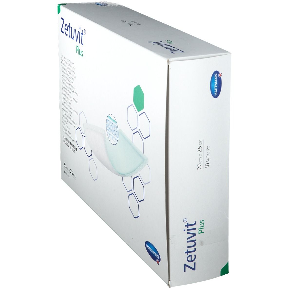 Verpackung Hartmann Zetuvit Plus Saugkompressen, Seitenansicht, 20x25cm, 10 Stück.