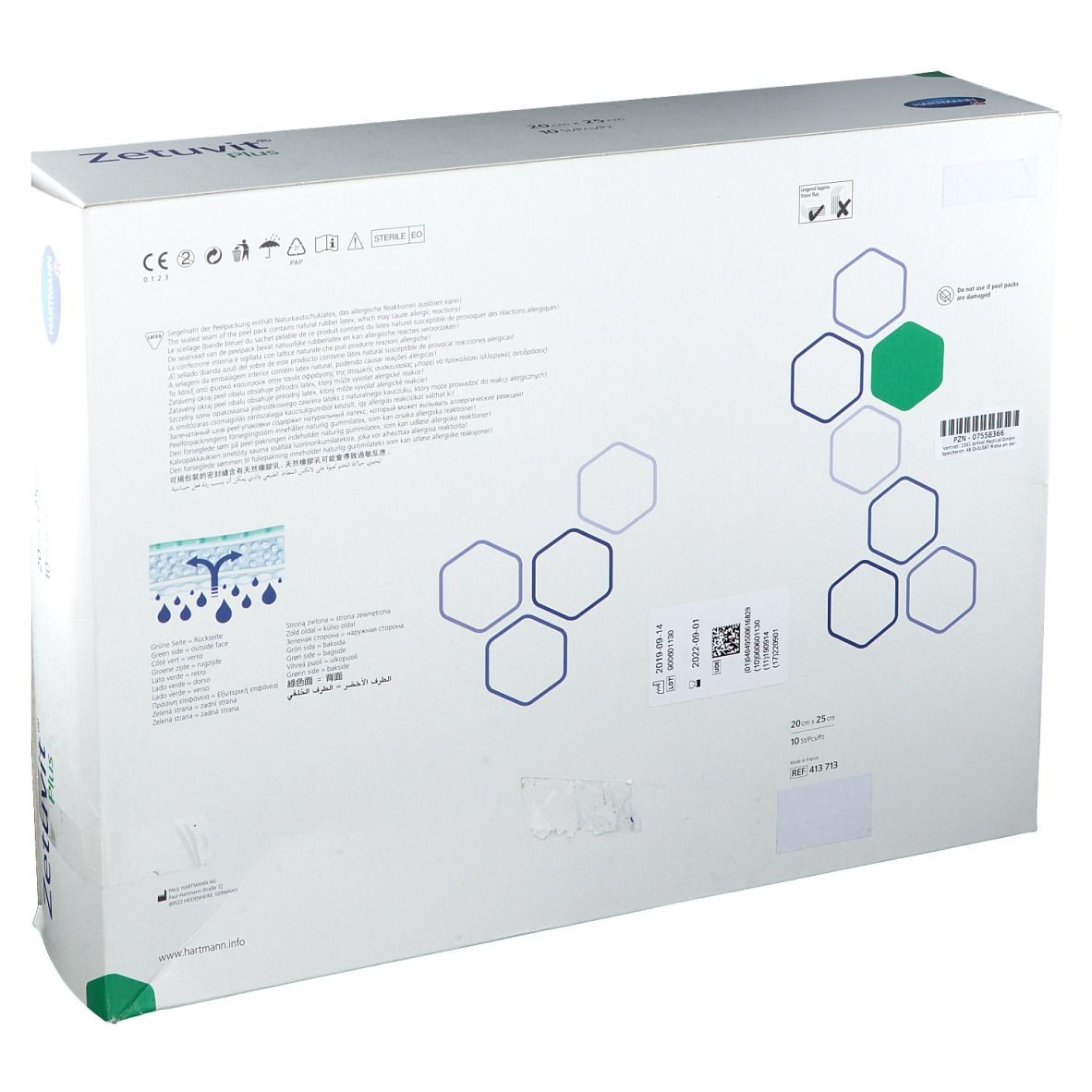 Rückseite Verpackung Hartmann Zetuvit Plus Saugkompressen, mit Produktinformationen.