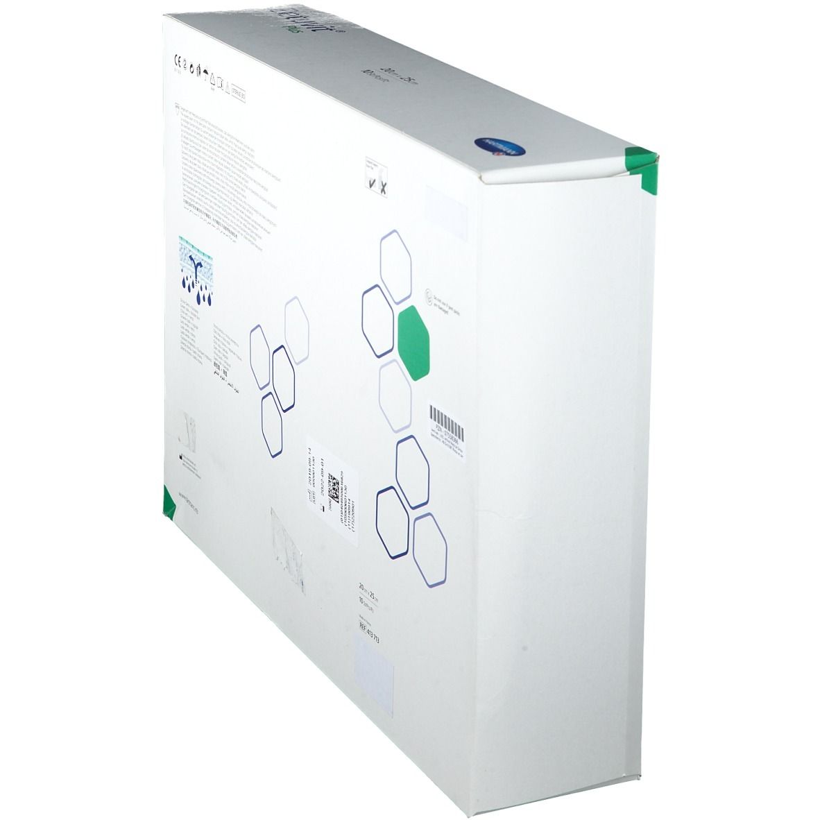 Verpackung Hartmann Zetuvit Plus Saugkompressen, schräge Ansicht, 20x25cm, 10 Stück.