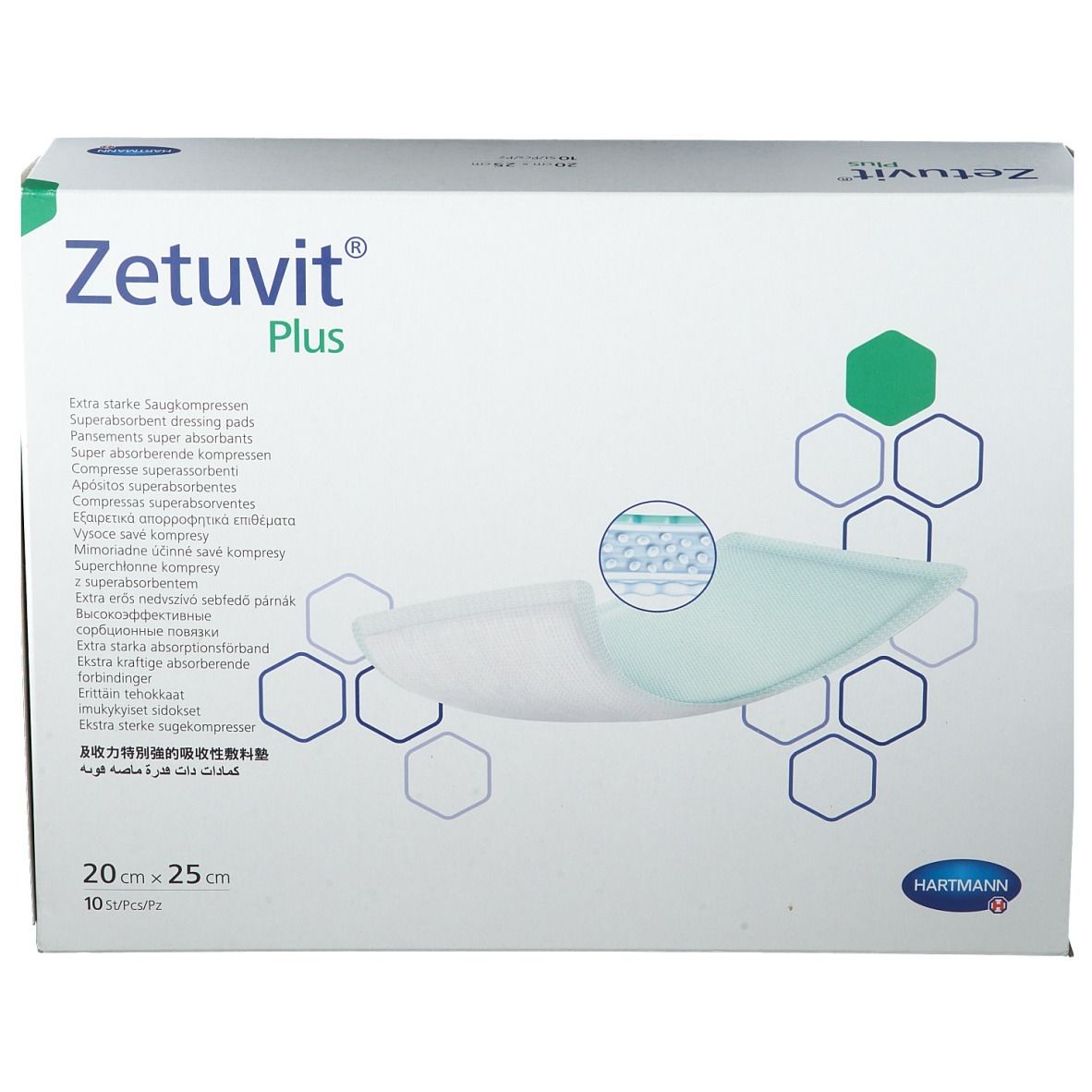 Verpackung Hartmann Zetuvit Plus Saugkompressen, 20x25cm, 10 Stück.