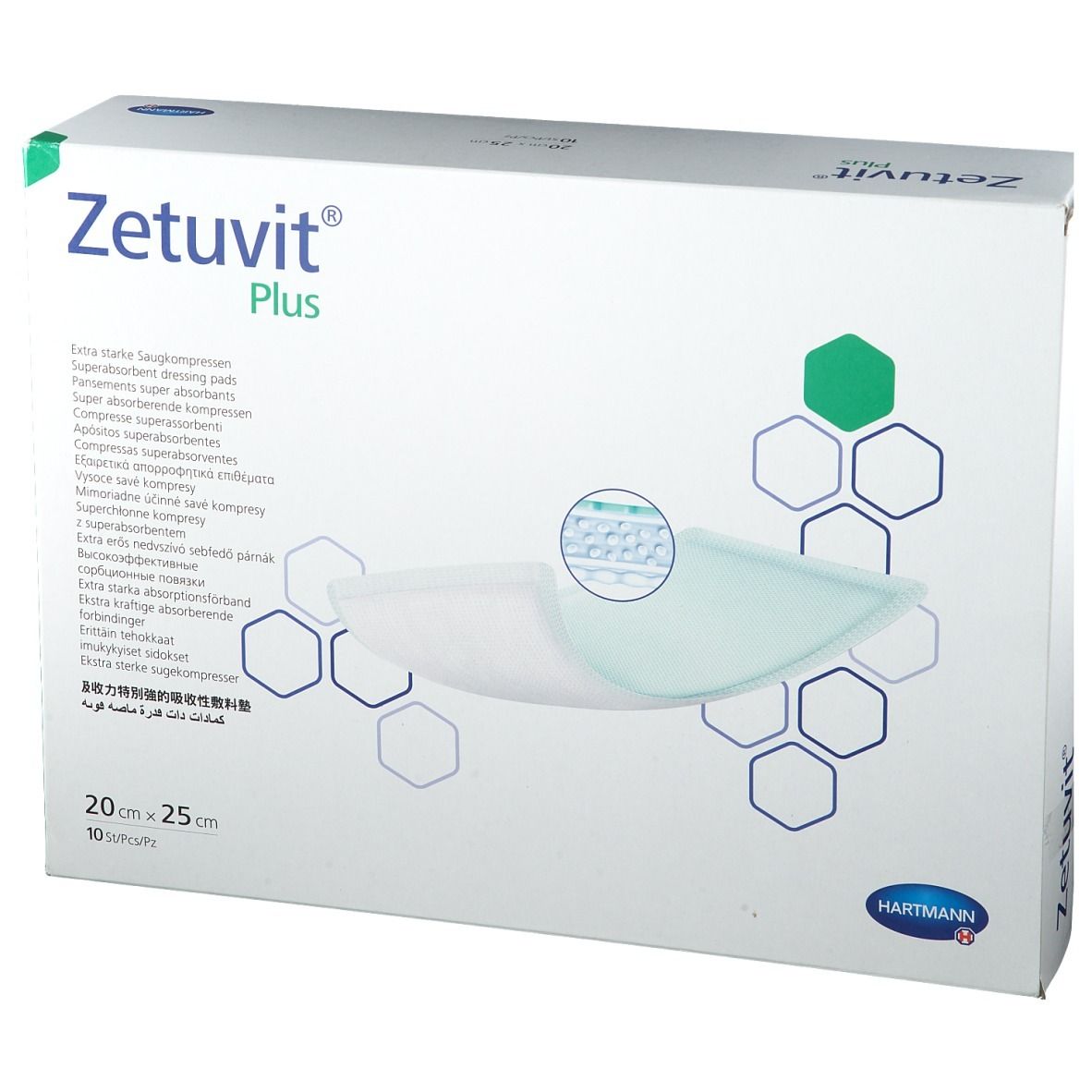Verpackung Hartmann Zetuvit Plus Saugkompressen, 20x25cm, 10 Stück.