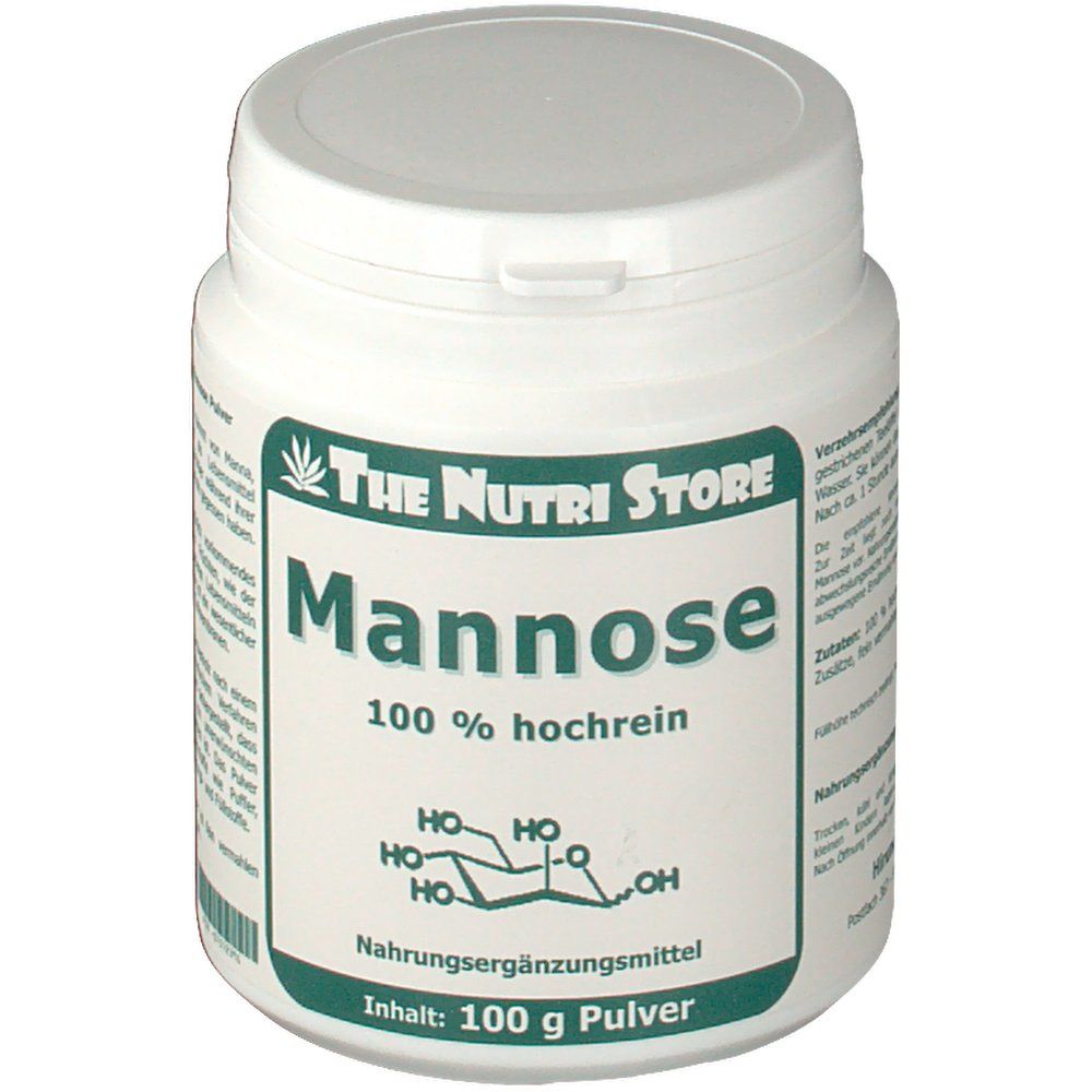 Weiße Dose mit grünem Etikett. Aufschrift: Mannose 100 % hochrein. Logo: The Nutri Store. Inhalt: 100 g Pulver. Chemische Formel.