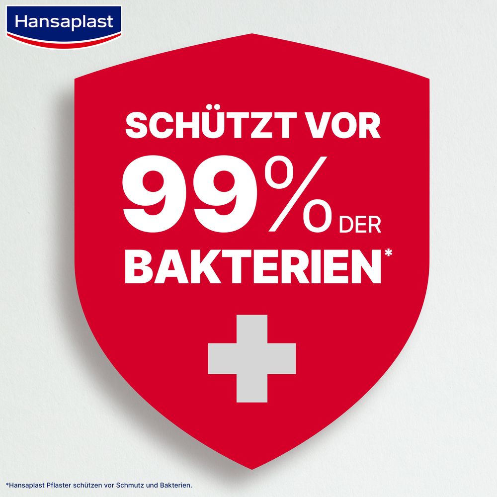 Rotes Schild mit weißem Kreuz. Text: Schützt vor 99% der Bakterien.