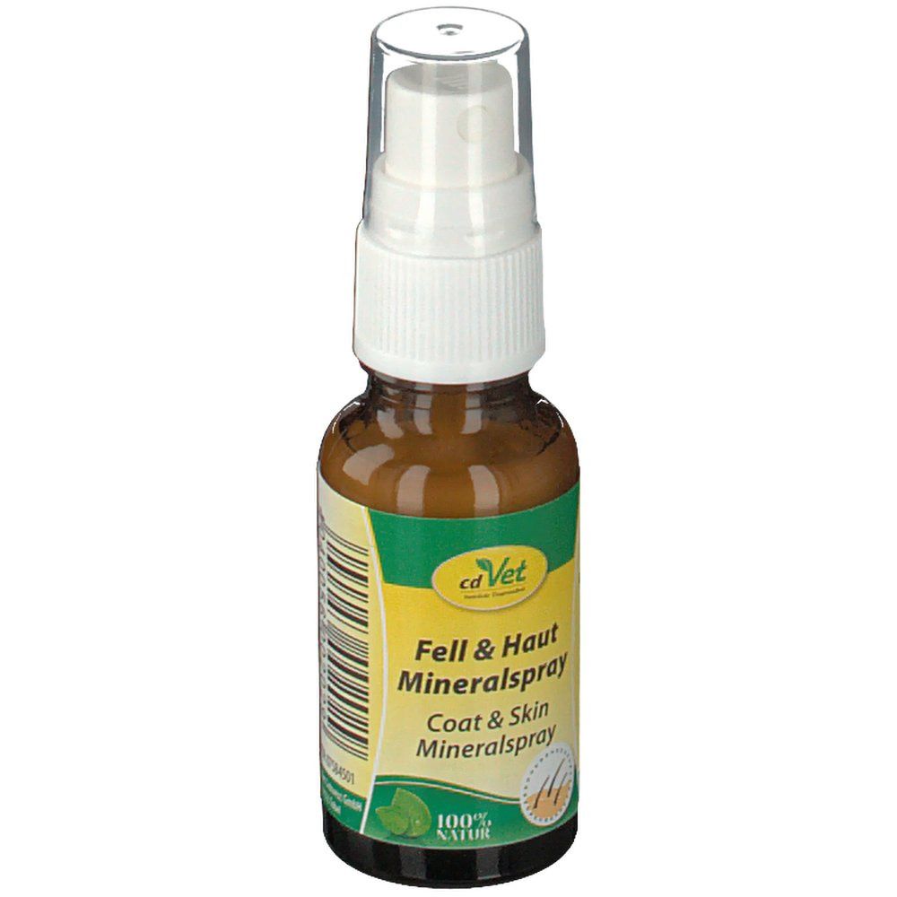 Braune Glasflasche mit Sprühkopf. Beschriftung: Fell & Haut Mineralspray, Coat & Skin Mineralspray. Logo: cd Vet.