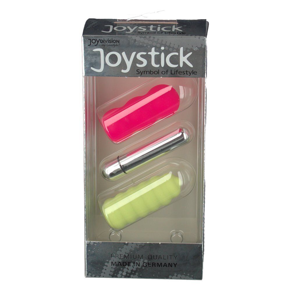 Set mit drei Intimprodukten in einer Verpackung. Rosa, silberfarben und pistaziengrün. Sichtbare Marke: Joystick.