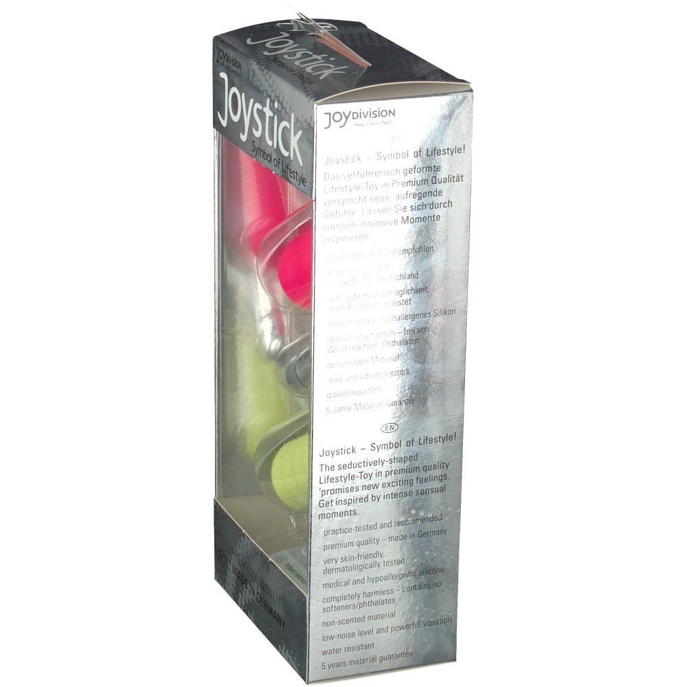 Verpackung mit drei Intimprodukten. Rosa, silberfarben und pistaziengrün. Text: Joystick, Symbol of Lifestyle. Made in Germany.