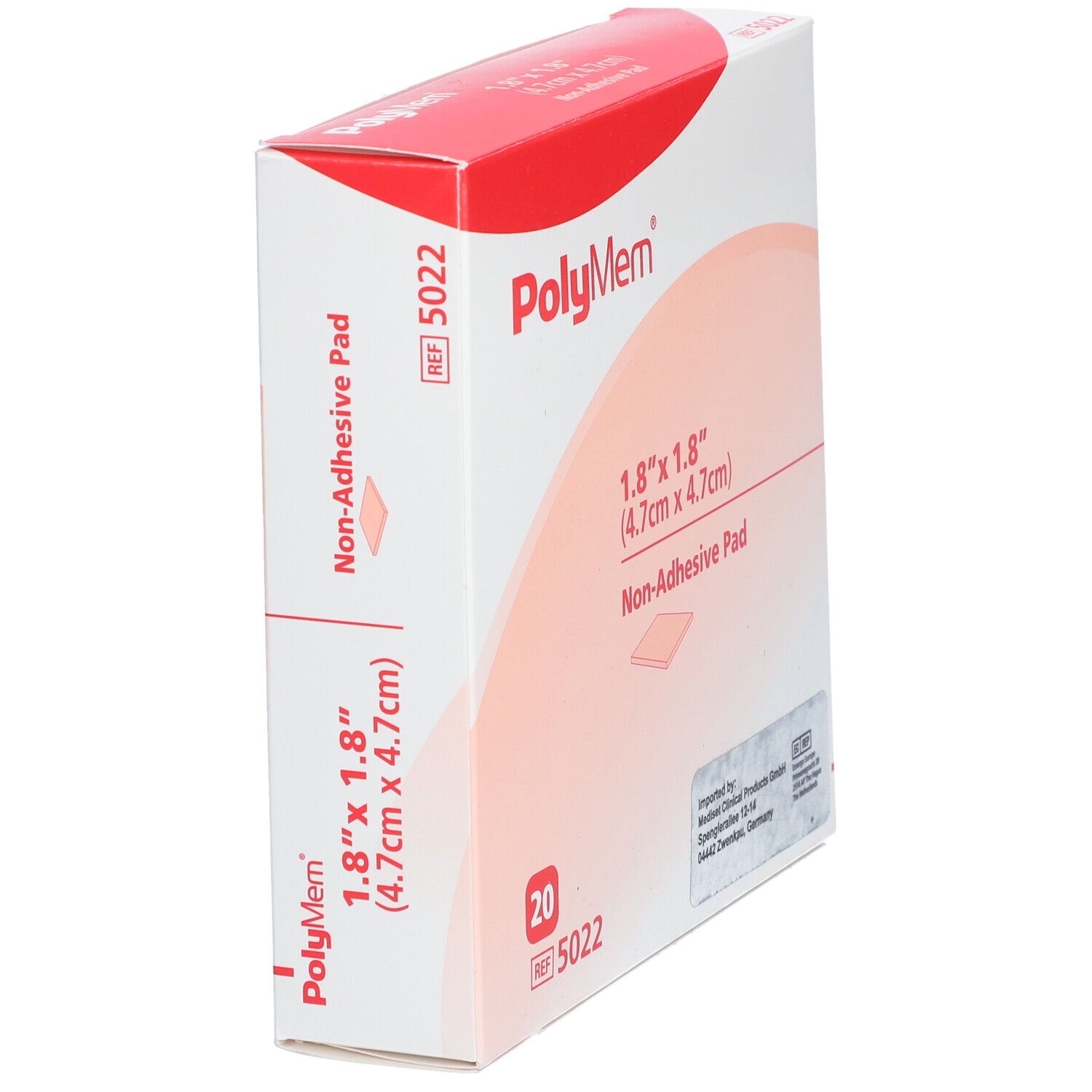 Schräg gestellte Verpackung mit PolyMem Wundauflagen. Größe: 1,8" x 1,8" (4,7cm x 4,7cm). Enthält 20 Stück. Nicht-haftende Auflage.