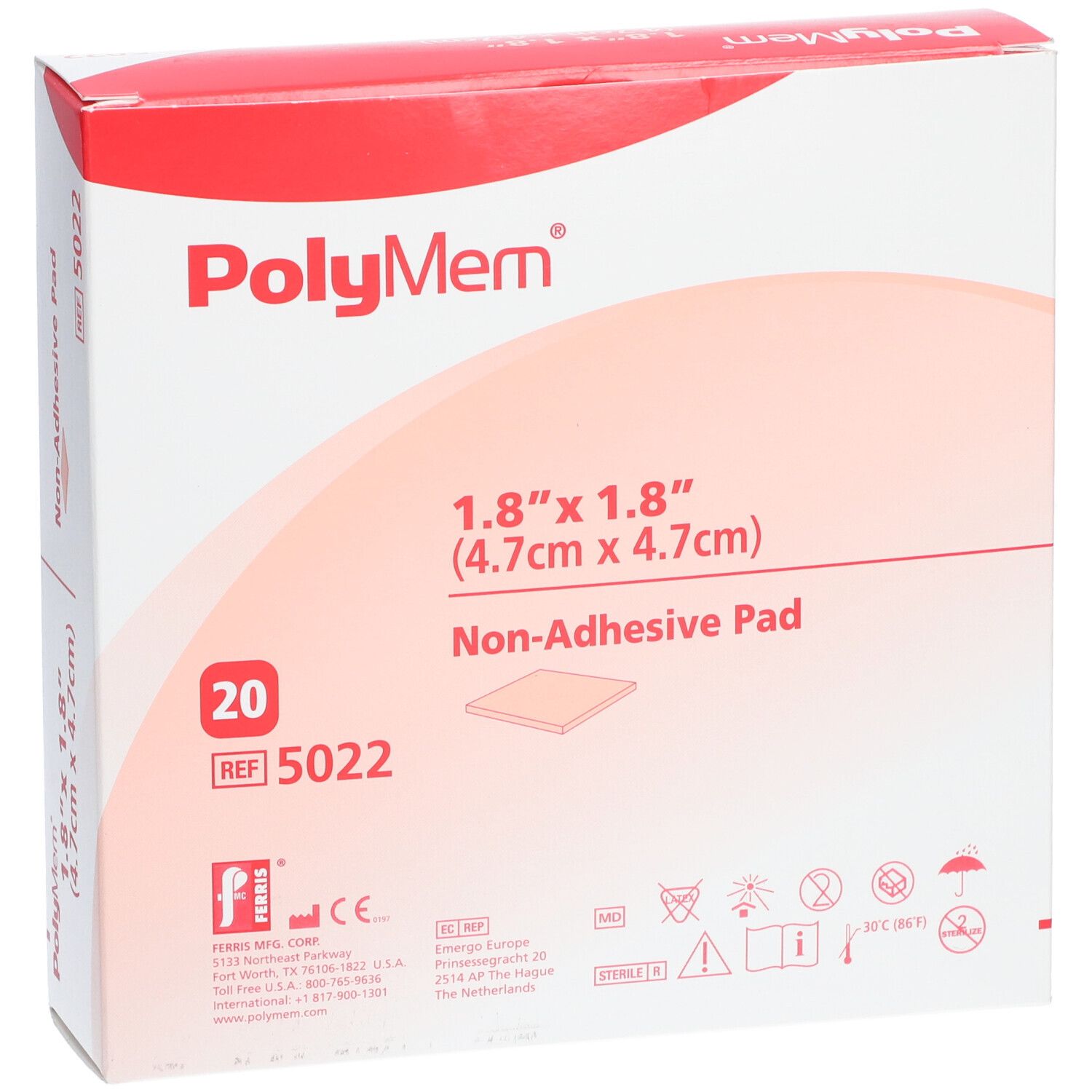 Verpackung mit PolyMem Wundauflagen. Größe: 1,8" x 1,8" (4,7cm x 4,7cm). Enthält 20 Stück. Nicht-haftende Auflage.