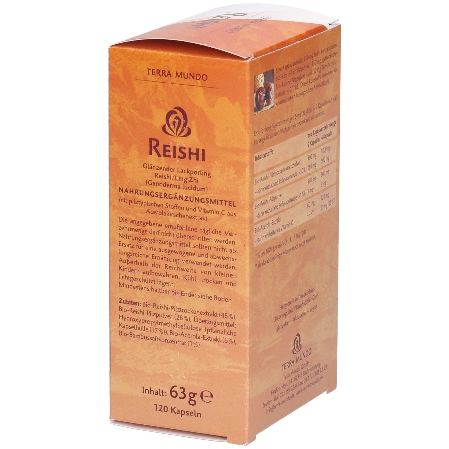 Vorderseite der Verpackung mit Produktbezeichnung 'Reishi Pilz-Kapseln Extrakt & Pulver'.