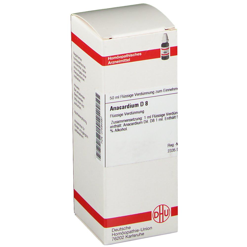 Weiße Faltschachtel mit roter Umrandung. Beschriftung: DHU Anacardium D8, homöopathisches Arzneimittel. Fläschchen mit Tropfer.