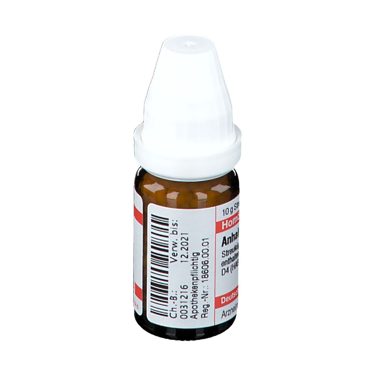 Braune Glasflasche mit weißem Deckel. Etikett mit Text: Homöopathisches Arzneimittel, Anhalonium lewinii D4, 10 g Streukügelchen.