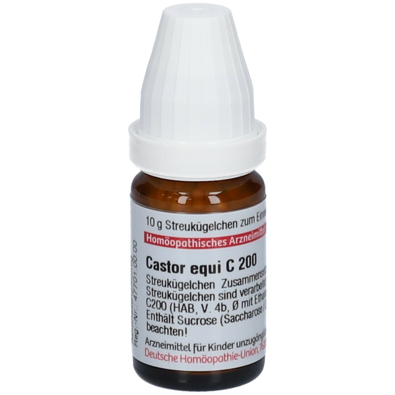 Braune Glasflasche mit weißem Deckel. Beschriftung: Castor equi C 200, 10 g Streukügelchen. Homöopathisches Arzneimittel.