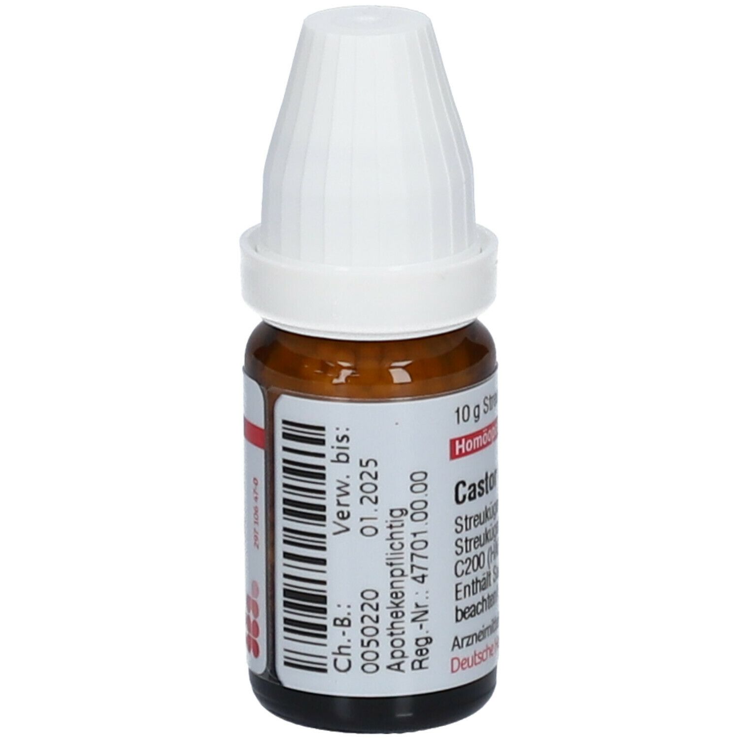 Braune Glasflasche mit weißem Deckel. Beschriftung: Castor equi C 200, 10 g Streukügelchen. Apothekenpflichtig. Verwendbar bis 01.2025.