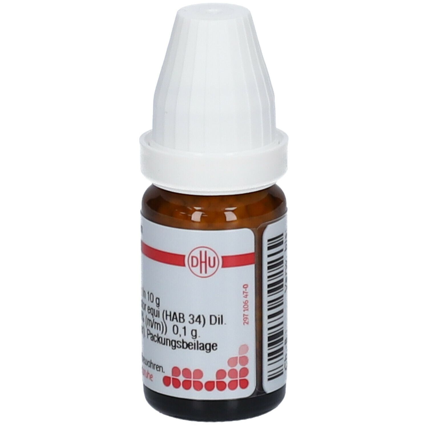 Braune Glasflasche mit weißem Deckel. Roter Streifen mit DHU-Logo. Beschriftung: Castor equi C 200, 10 g Streukügelchen. Homöopathisches Arzneimittel.