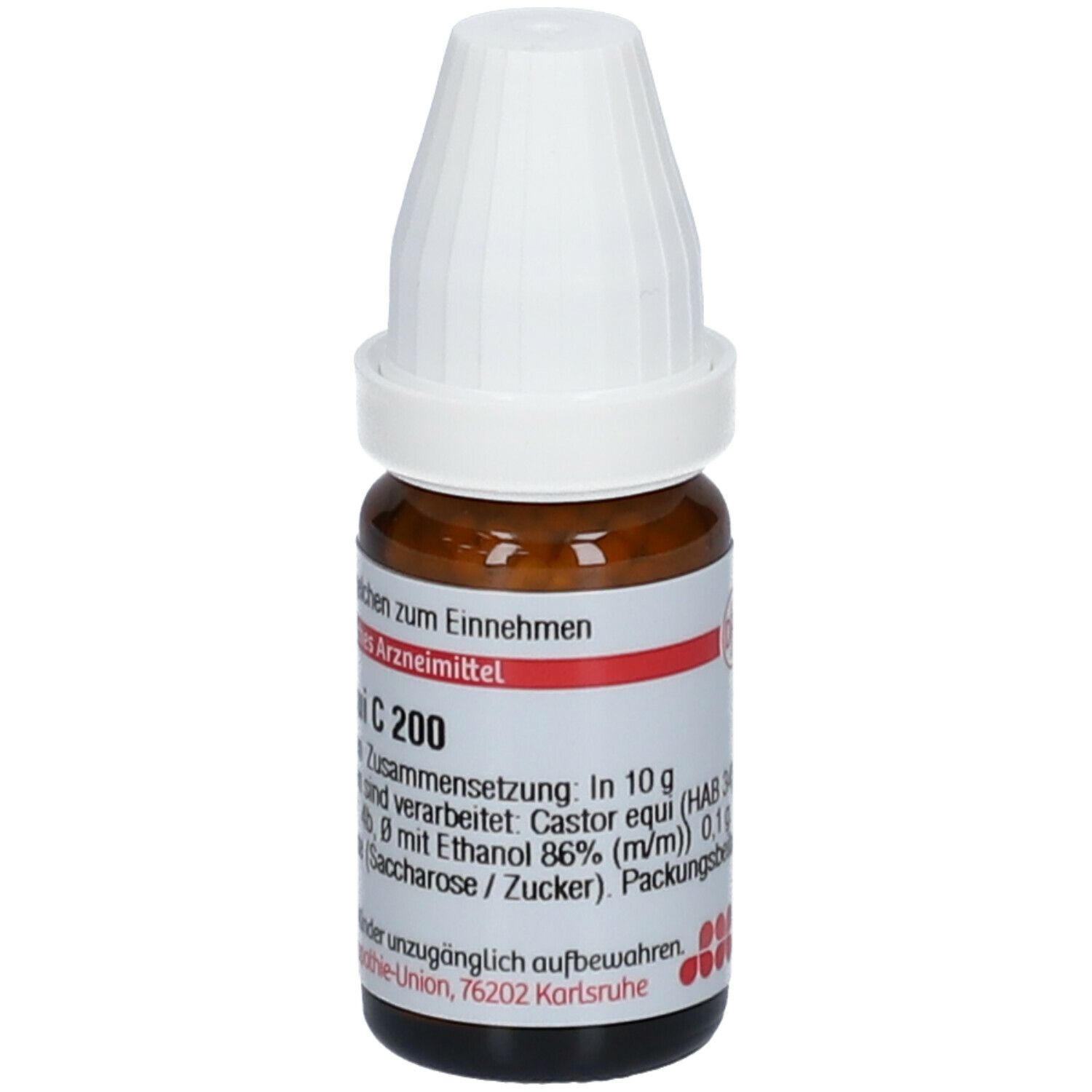 Braune Glasflasche mit weißem Deckel. Beschriftung: Castor equi C 200, 10 g Streukügelchen. Homöopathisches Arzneimittel. Zusammensetzung.