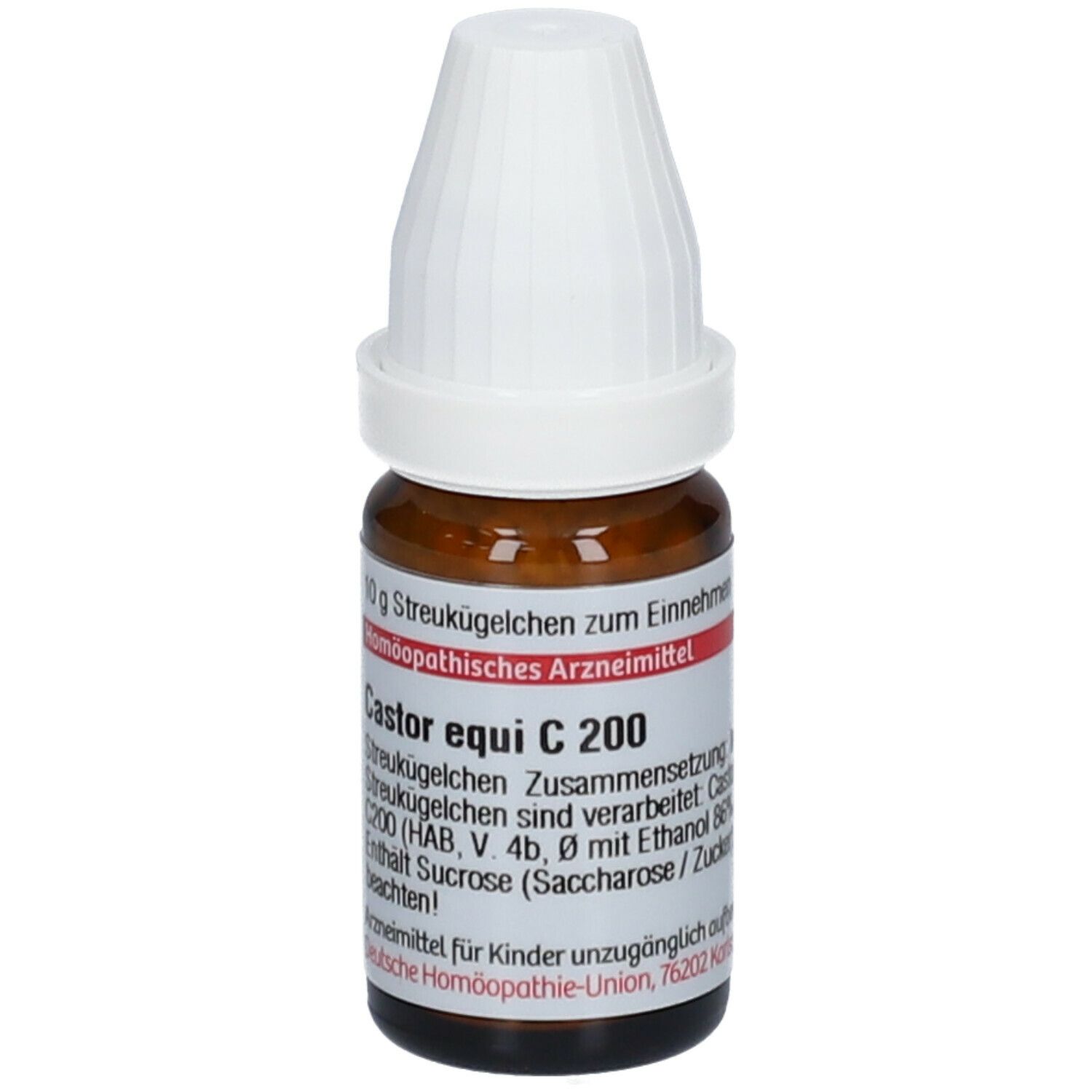 Braune Glasflasche mit weißem Deckel. Beschriftung: Castor equi C 200, 10 g Streukügelchen. Homöopathisches Arzneimittel. Zusammensetzung.