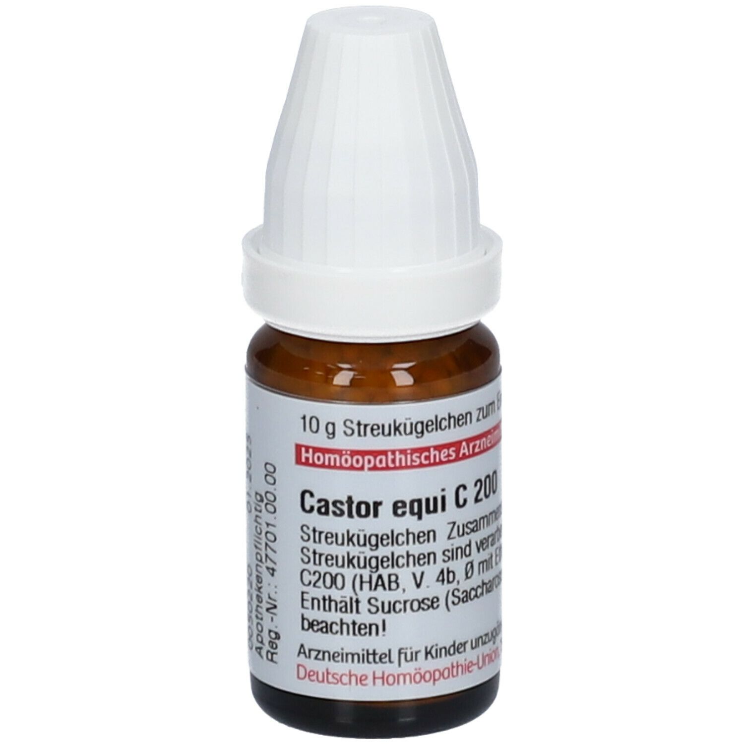 Braune Glasflasche mit weißem Deckel. Beschriftung: Castor equi C 200, 10 g Streukügelchen. Homöopathisches Arzneimittel. Apothekenpflichtig.