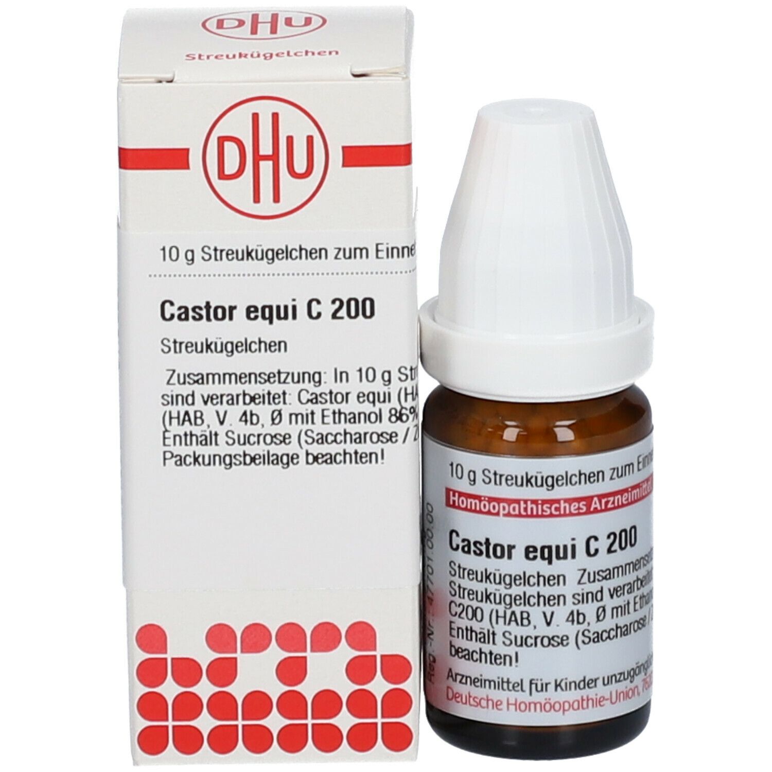 Braune Glasflasche mit weißem Deckel und Faltschachtel. Beschriftung: DHU, Castor equi C 200, 10 g Streukügelchen. Homöopathisches Arzneimittel.