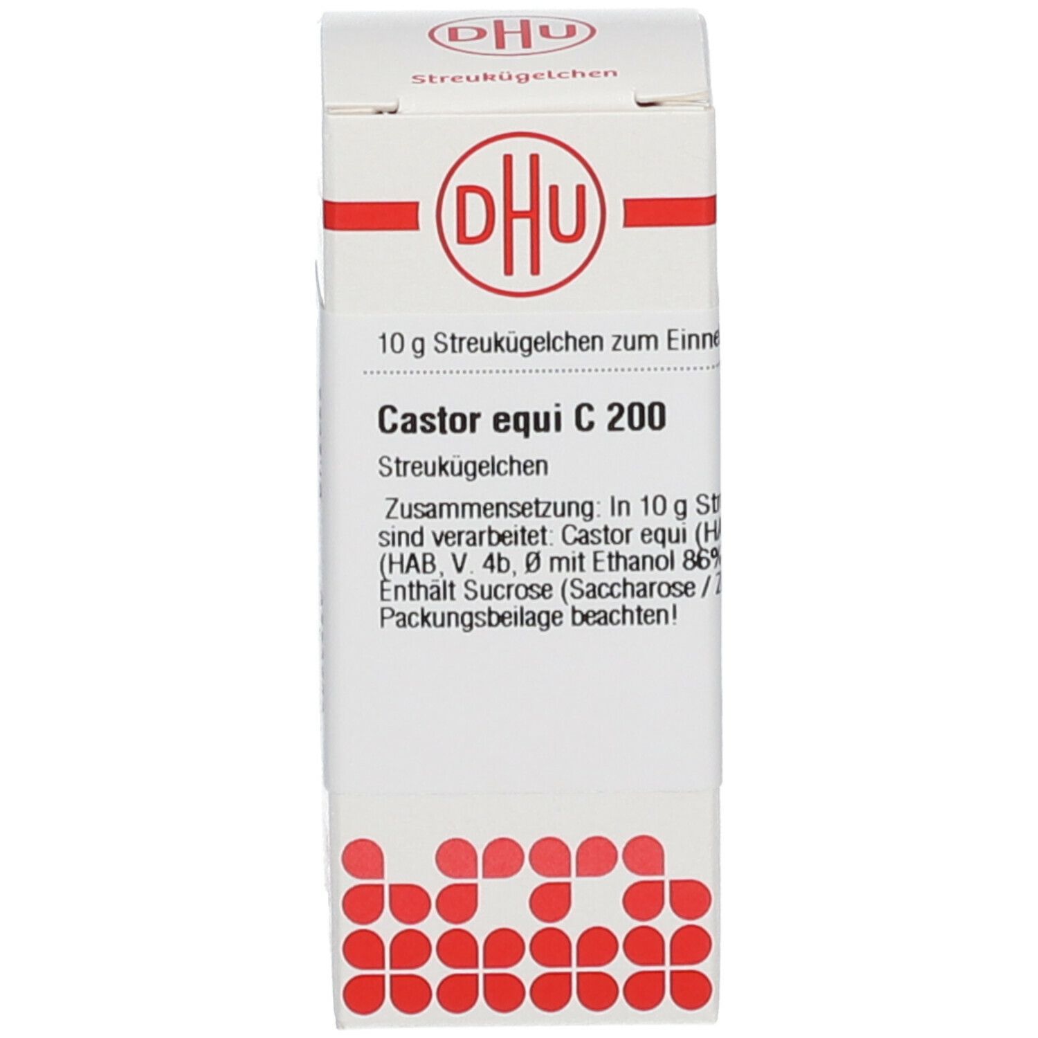 Weiße Faltschachtel mit rotem Logo und Beschriftung: DHU, Castor equi C 200, 10 g Streukügelchen. Homöopathisches Arzneimittel.