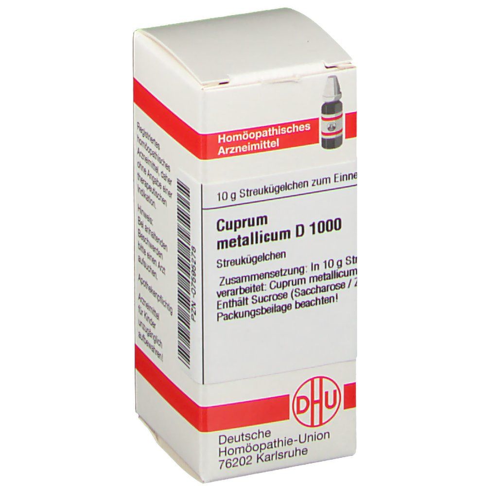 Schachtel mit DHU Cuprum Metallicum D1000. Rote Streifen, Text: Homöopathisches Arzneimittel, 10 g Streukügelchen.