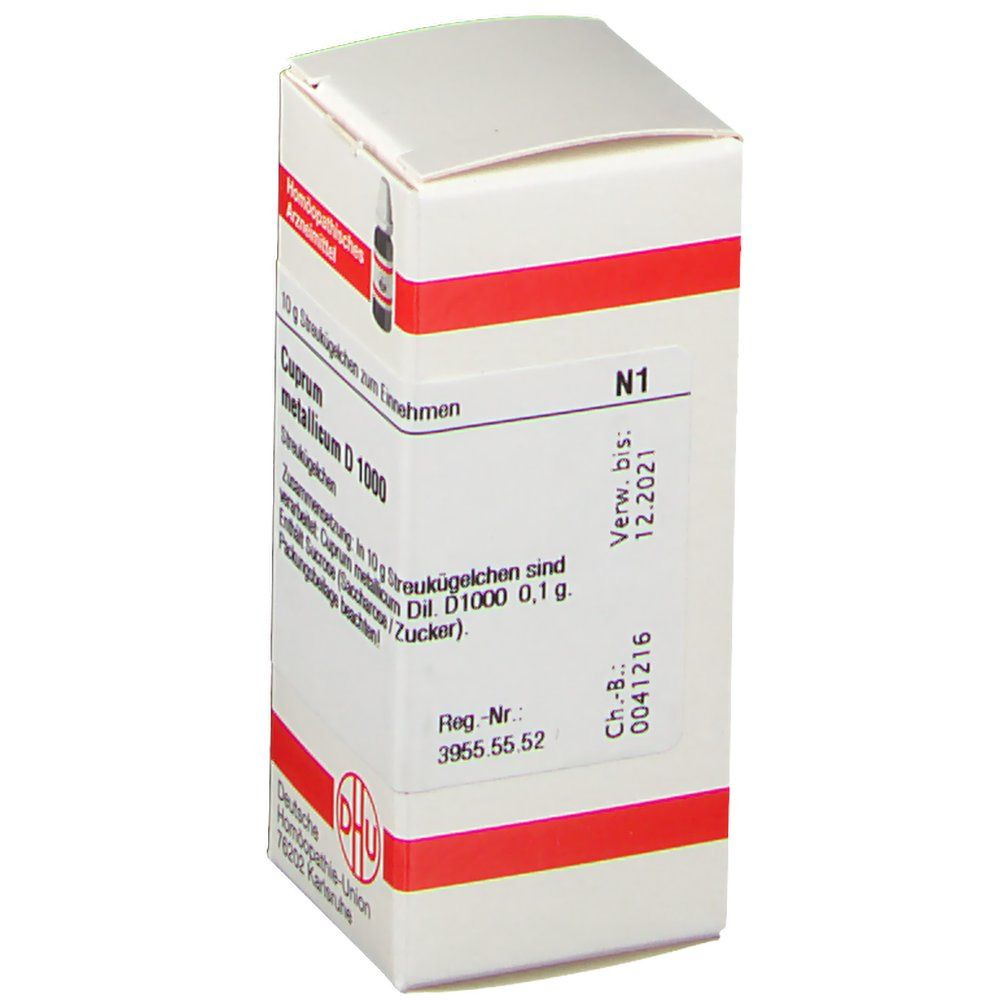 Schachtel DHU Cuprum Metallicum D1000. Rote Streifen, Text: Homöopathisches Arzneimittel, N1, Verwendbar bis 12.2021.