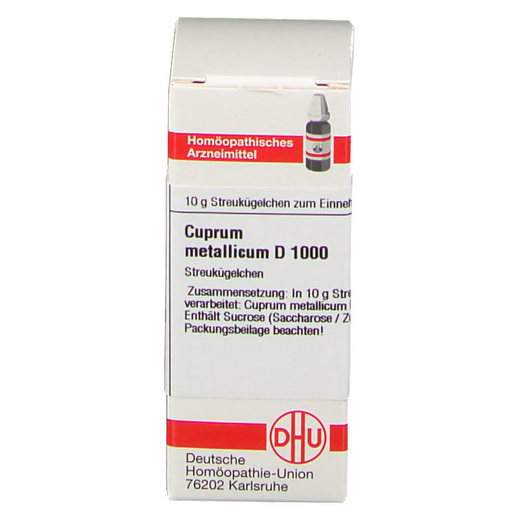 Schachtel mit DHU Cuprum Metallicum D1000. Rote Streifen, Text: Homöopathisches Arzneimittel, 10 g Streukügelchen.