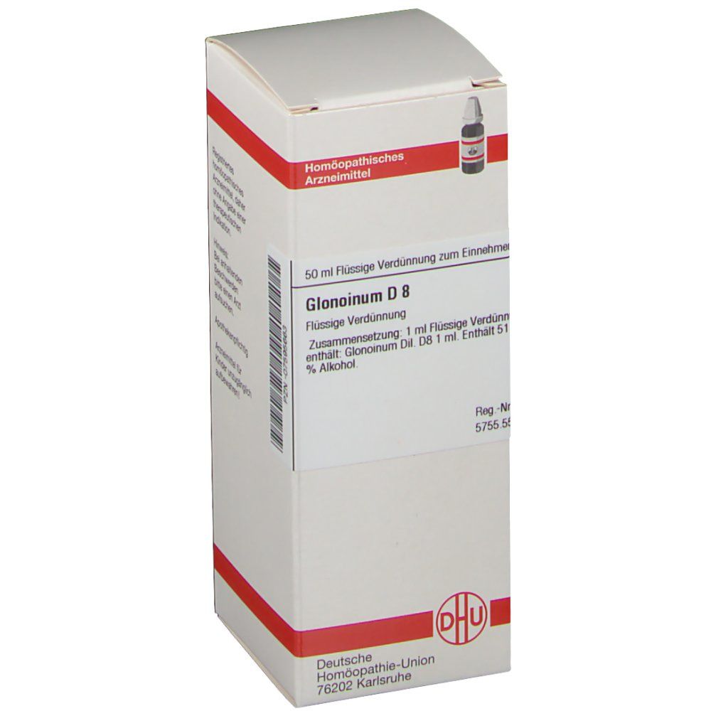 Weiße Faltschachtel mit roter Umrandung. Aufschrift: Glonoinum D 8, DHU Logo. Flasche mit Tropfer sichtbar.
