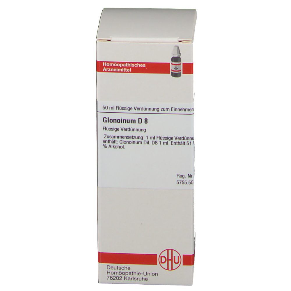 Weiße Faltschachtel mit roter Umrandung. Aufschrift: Glonoinum D 8, DHU Logo. Flasche mit Tropfer sichtbar.