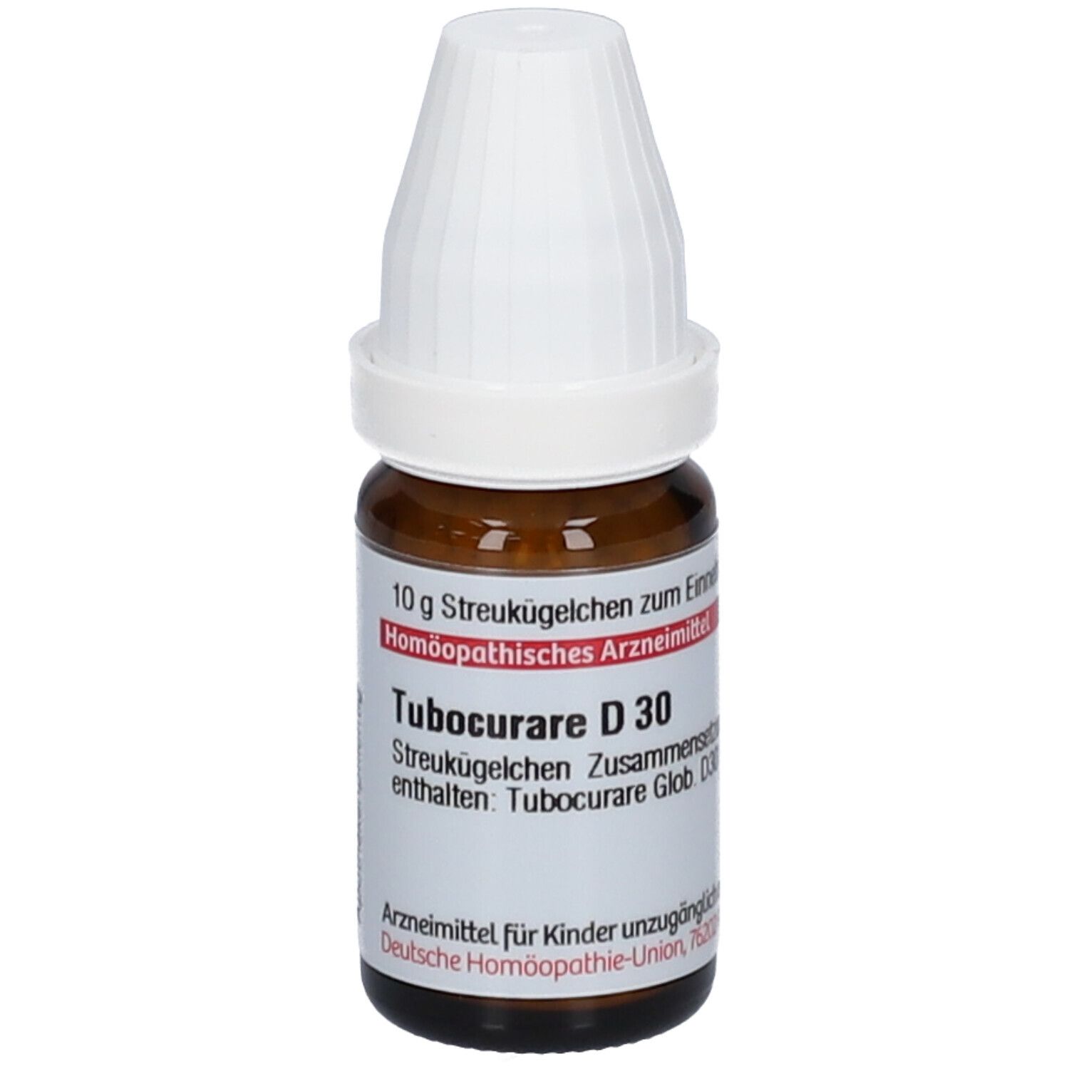 Braune Glasflasche mit weißem Deckel. Etikett mit Text: Tubocurare D 30, 10 g Streukügelchen. Homöopathisches Arzneimittel.
