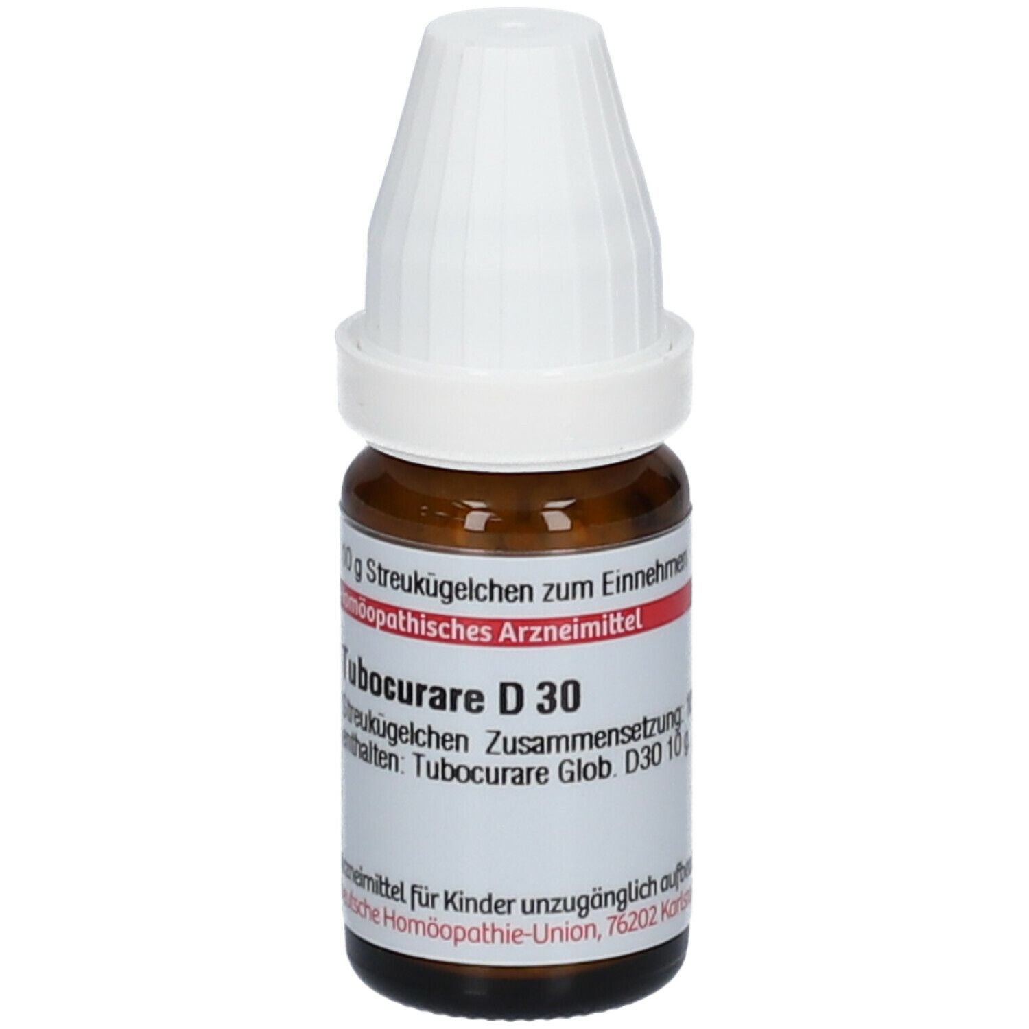 Braune Glasflasche mit weißem Deckel. Etikett mit Text: Tubocurare D 30, 10 g Streukügelchen. Homöopathisches Arzneimittel.