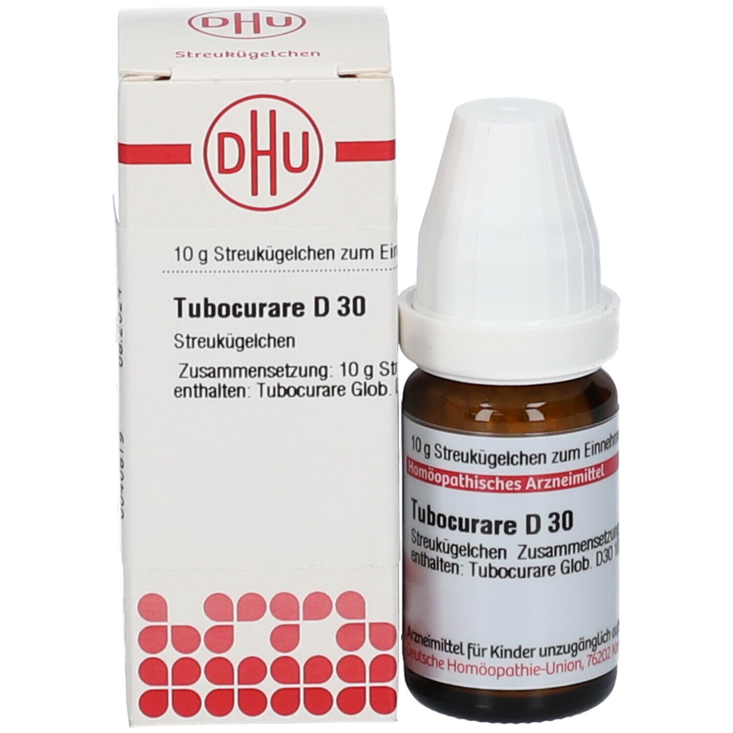 Produktverpackung: Flasche und Schachtel. Auf der Flasche: Tubocurare D 30, 10 g Streukügelchen. Auf der Schachtel: DHU Logo, Produktname.