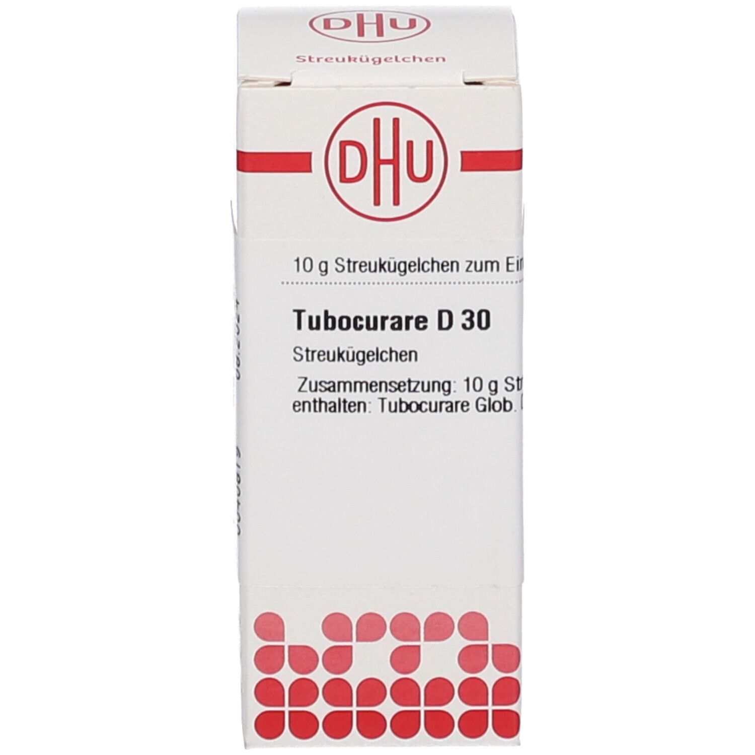 Produktverpackung: Schachtel mit DHU-Logo und Text: Tubocurare D 30, 10 g Streukügelchen. Homöopathisches Arzneimittel.