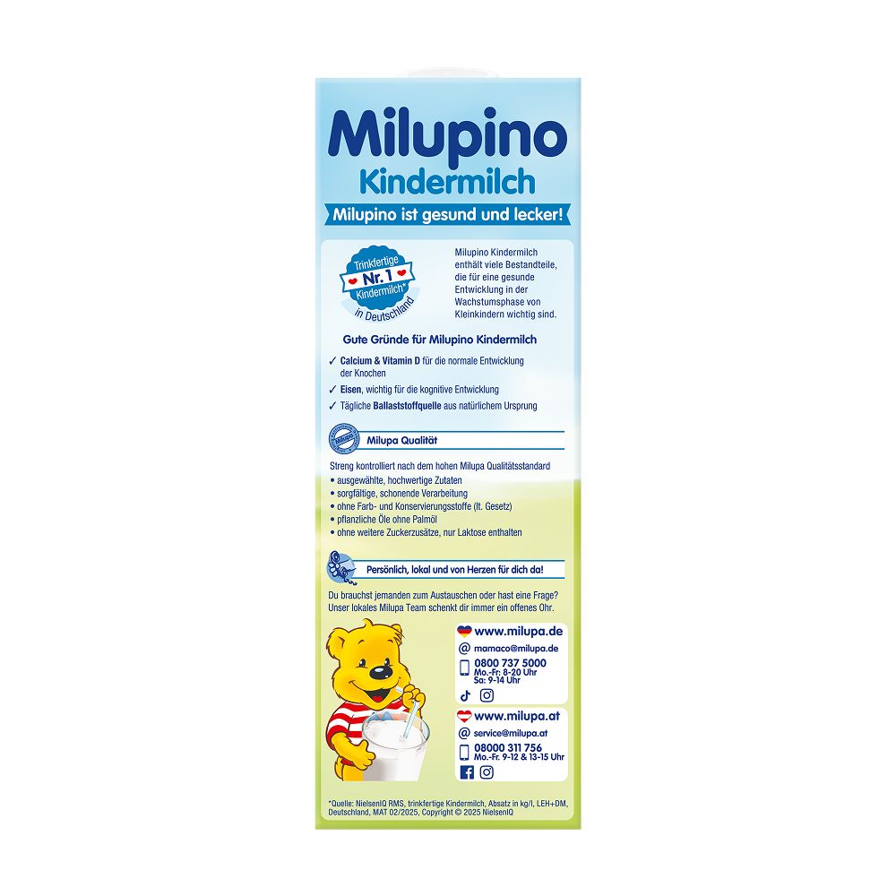 Seitenansicht Milupa Milupino Kindermilch Packung mit Qualitätsmerkmalen.