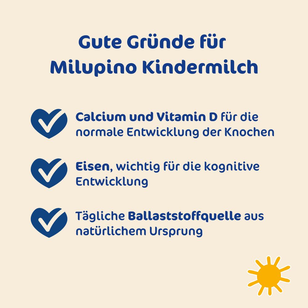 Grafik mit Gründen für Milupa Milupino Kindermilch: Calcium, Vitamin D, Eisen.
