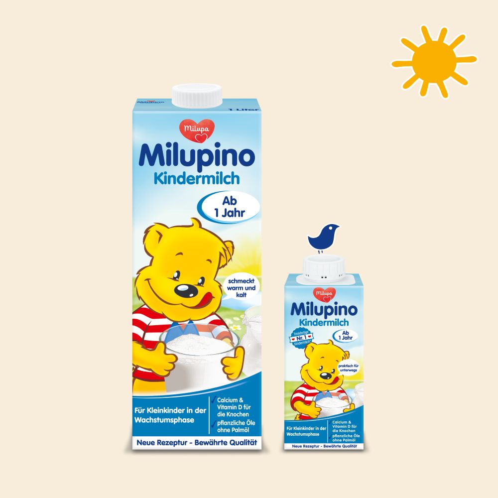 Zwei Milupa Milupino Kindermilch Packungen, eine groß, eine klein.