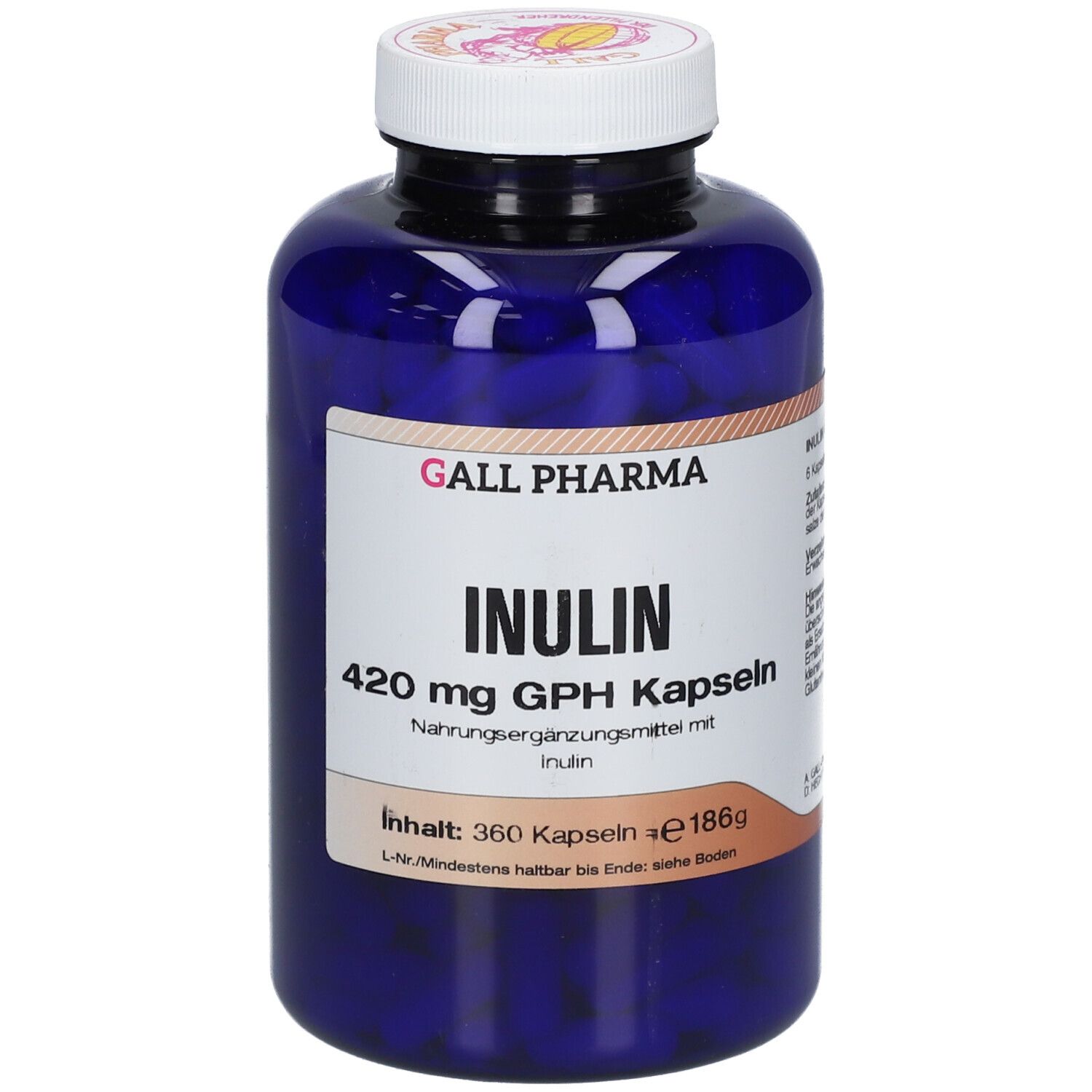 Blaue Flasche mit weißem Deckel. Aufschrift: GALL PHARMA INULIN 420 mg GPH Kapseln. Inhalt: 360 Kapseln.