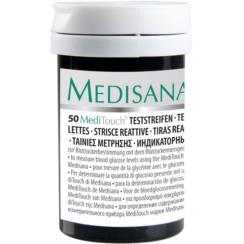 Behälter mit Aufschrift Medisana und 50 Teststreifen. Text in mehreren Sprachen. Weißer Deckel, schwarzer Behälter.