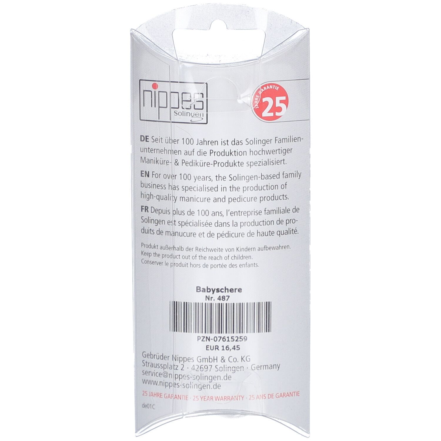 Rückseite der Verpackung mit Text in Deutsch, Englisch und Französisch. Produktname: Babyschere. Barcode und Preisangaben.