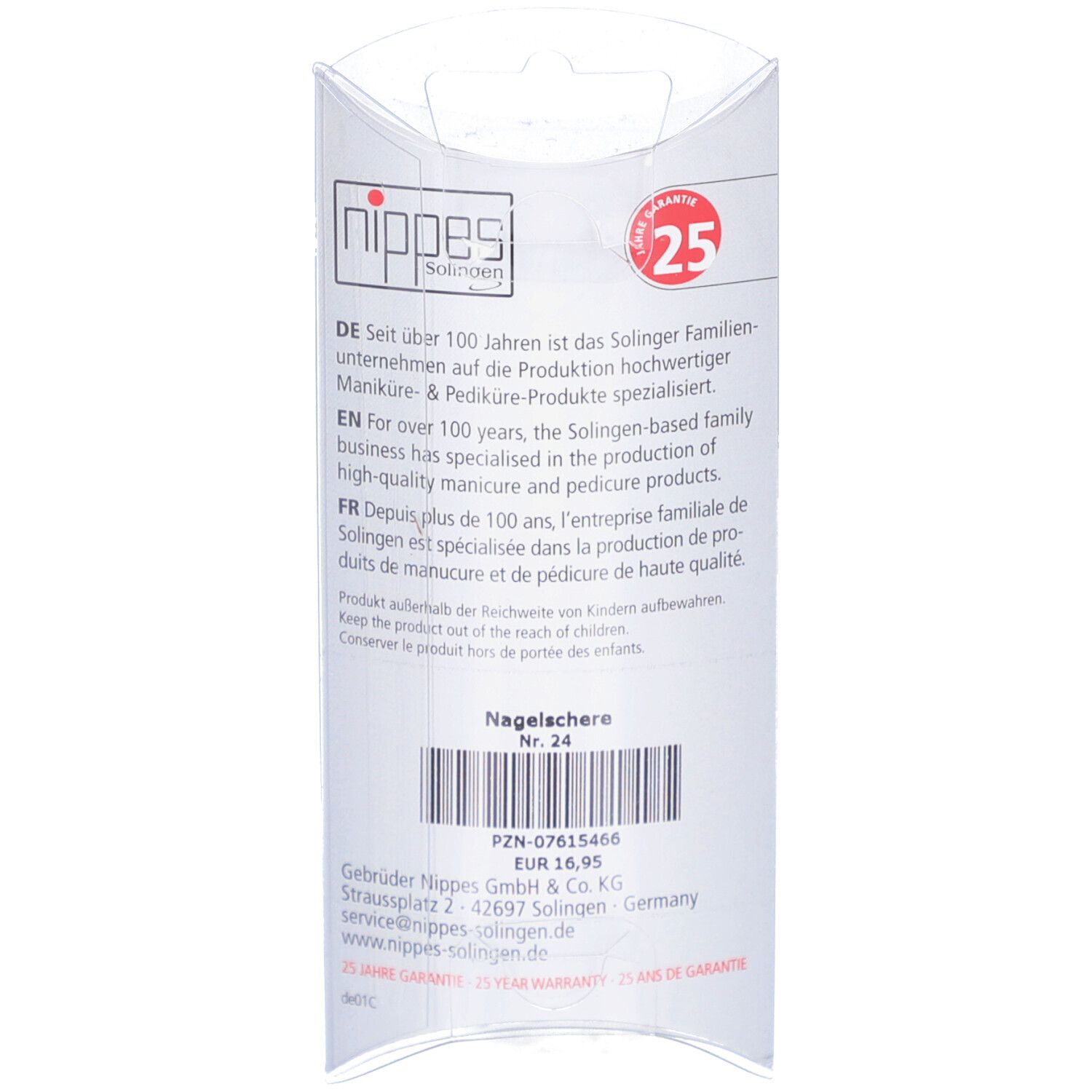 Rückseite der Verpackung. Text in Deutsch, Englisch und Französisch. Barcode und "25 JAHRE GARANTIE"-Logo. "nippes Solingen"-Logo.