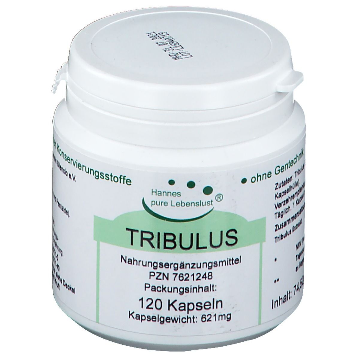Weiße Dose mit grünem Etikett. Aufschrift: Hannes pure Lebenslust® TRIBULUS, 120 Kapseln. Nahrungsergänzungsmittel.