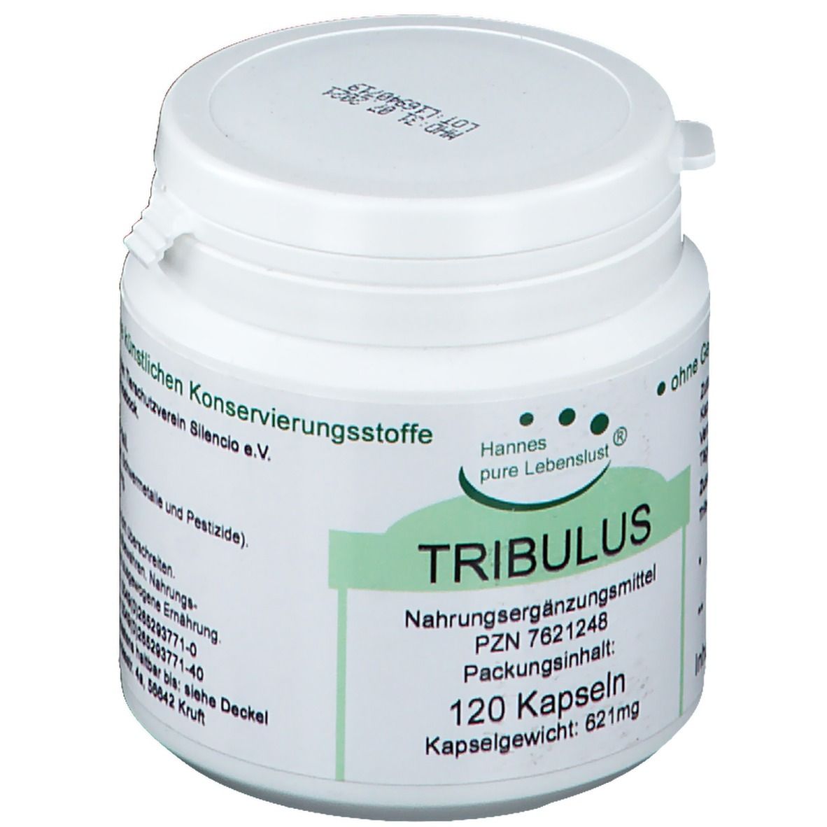 Weiße Dose mit grünem Etikett. Aufschrift: Hannes pure Lebenslust® TRIBULUS, 120 Kapseln. Nahrungsergänzungsmittel.