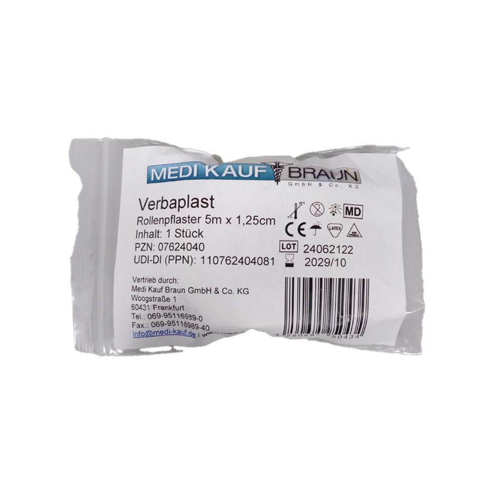 Verbandrolle in Folienverpackung. Aufdrucke: Produktname, Größe, Menge, Chargennummer, Haltbarkeitsdatum, CE-Kennzeichnung.