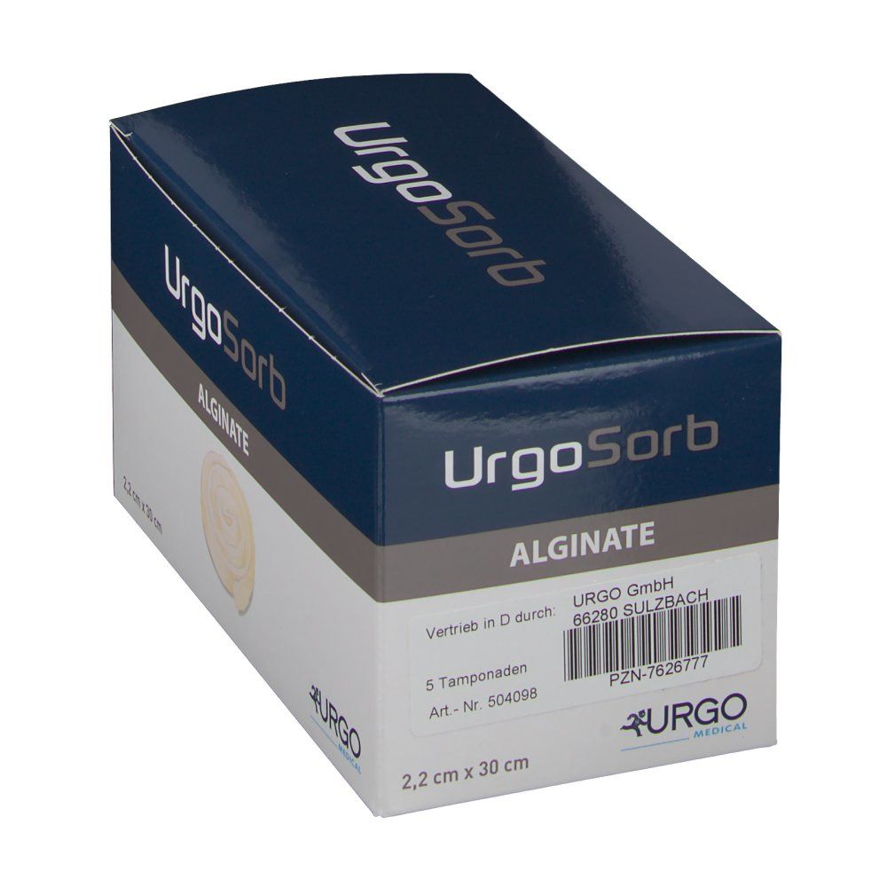 Kartonverpackung von UrgoSorb Alginate. Enthält 5 Tamponaden, 2,2 cm x 30 cm. Urgo-Logo.