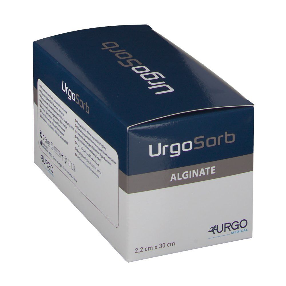 UrgoSorb Alginate-Verpackung. Produktname und Logo deutlich sichtbar. Größe: 2,2 cm x 30 cm.