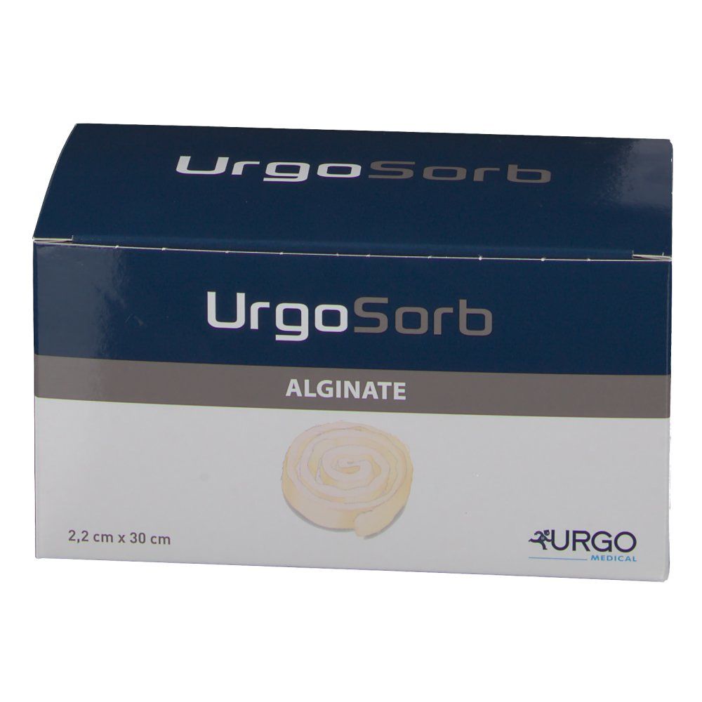 UrgoSorb Alginate-Verpackung. Produkt abgebildet. Größe: 2,2 cm x 30 cm. Urgo-Logo.