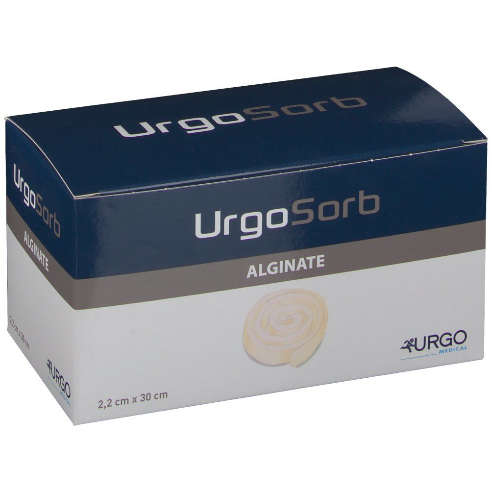 UrgoSorb Alginate-Verpackung. Produkt abgebildet. Größe: 2,2 cm x 30 cm. Urgo-Logo.