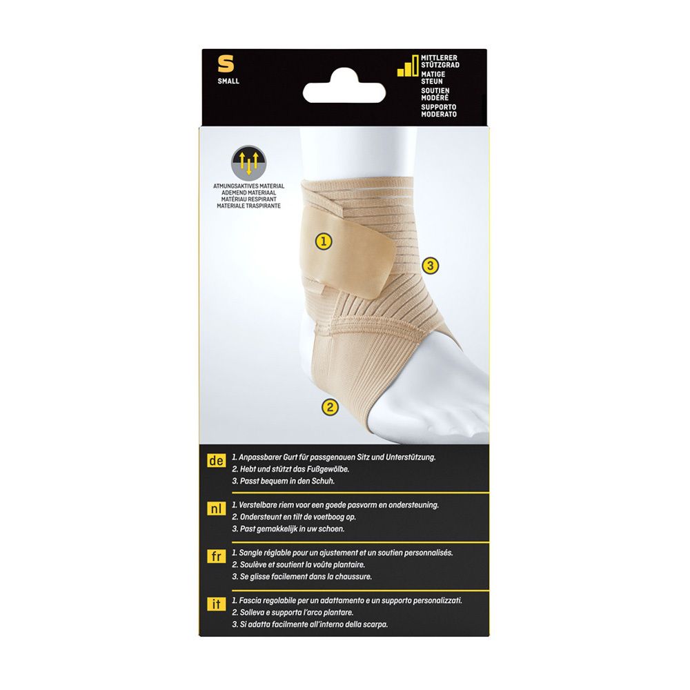 FUTURO™ Sprunggelenk-Bandage S. Rückseite mit Produktmerkmalen und Größenangaben. Beige.