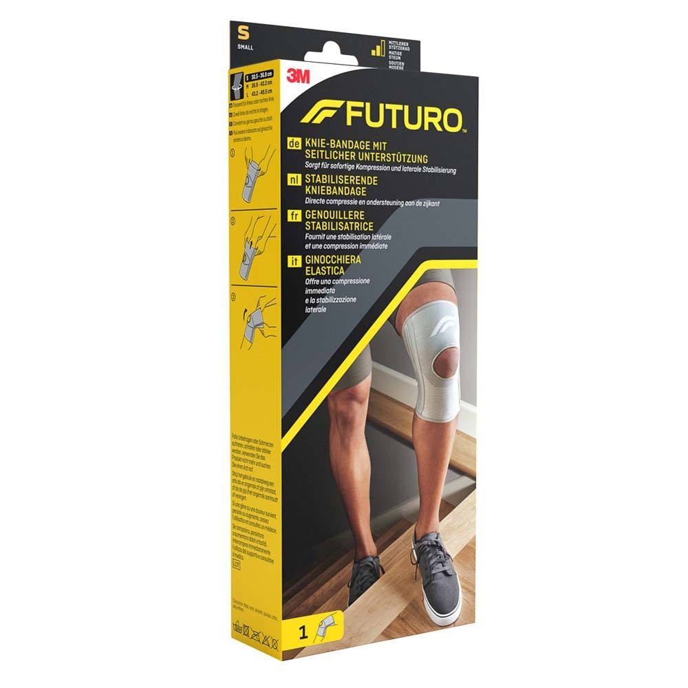 FUTURO™ Knie-Bandage mit seitlicher Unterstützung. In Verpackung, mit Größenangabe S. Auf Bein getragen.